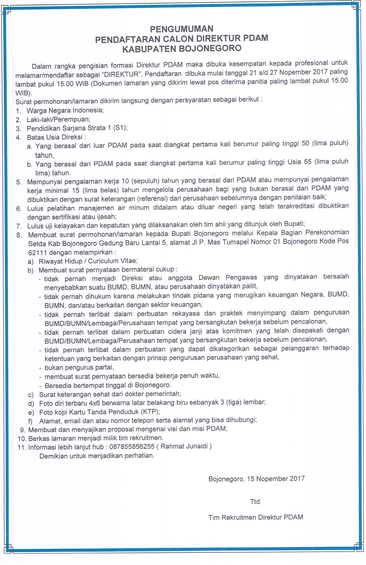 Pengumuman Pendaftaran Calon Direktur PDAM