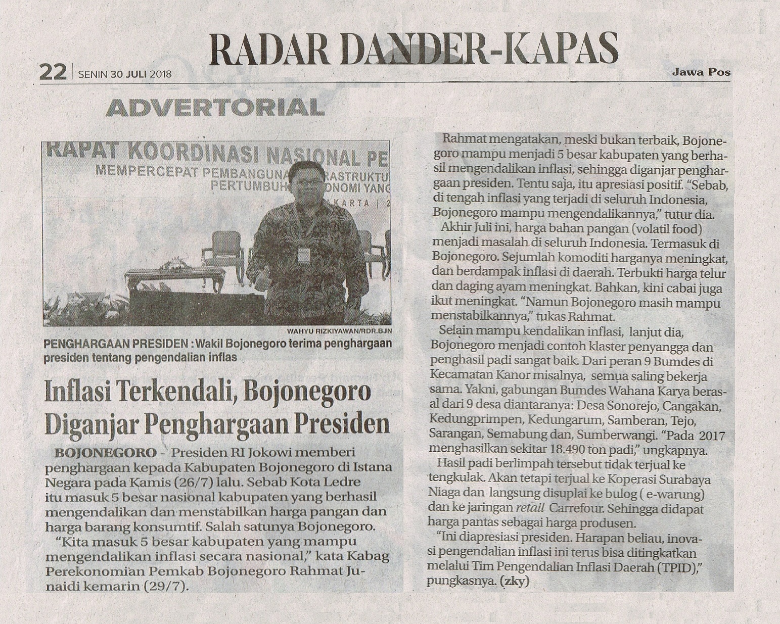 Inflasi Terkendali, Bojonegoro Diganjar Penghargaan Presiden