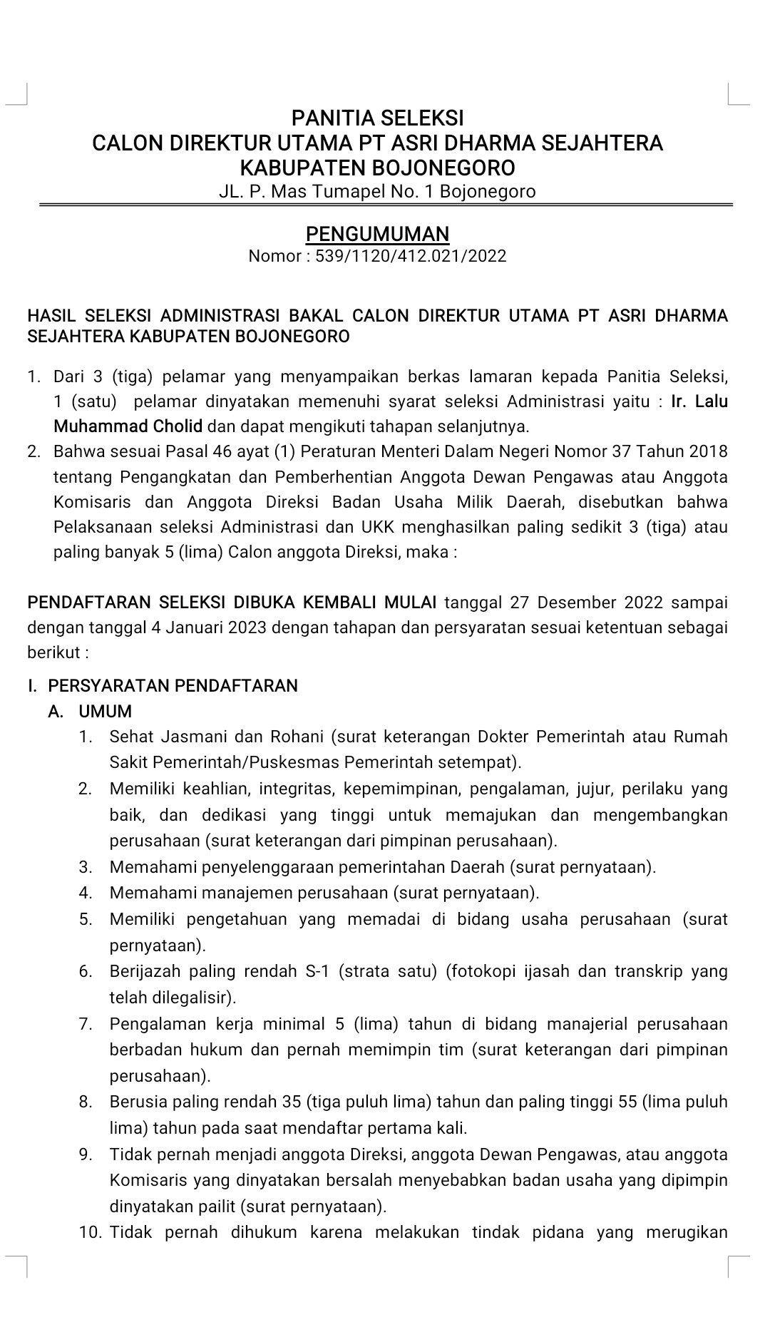 HASIL SELEKSI ADMINISTRASI BAKAL CALON DIREKTUR UTAMA PT ASRI DHARMA SEJAHTERA KABUPATEN BOJONEGORO