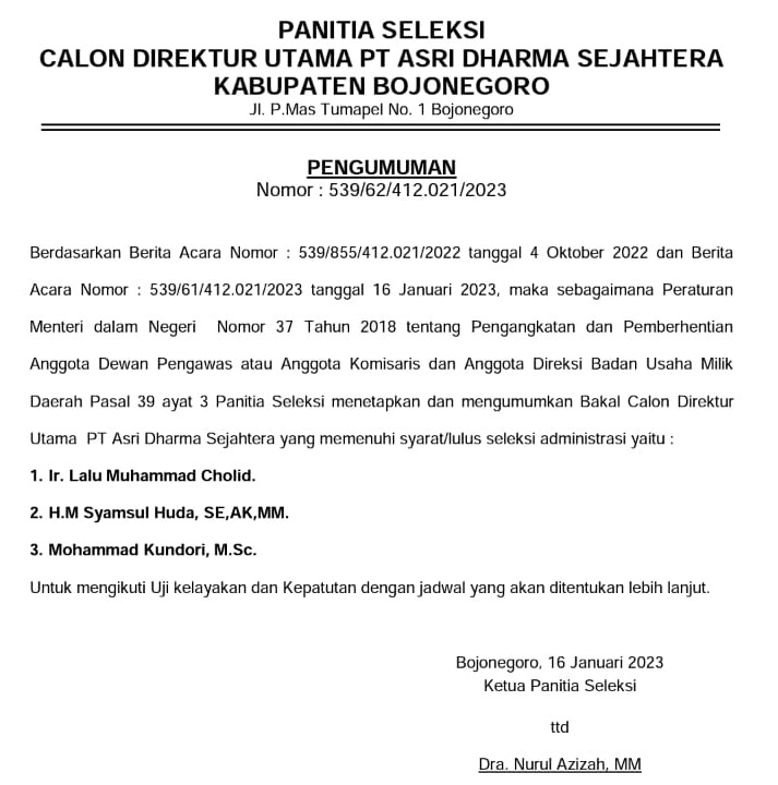 Pengumuman Hasil Seleksi Administrasi Bakal Calon Dirut PT Asri Dharma Sejahtera