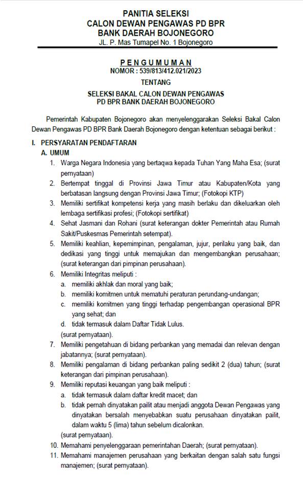 Pengumuman Seleksi Bakal Calon Dewan Pengawas PD BPR Bank Daerah Bojonegoro