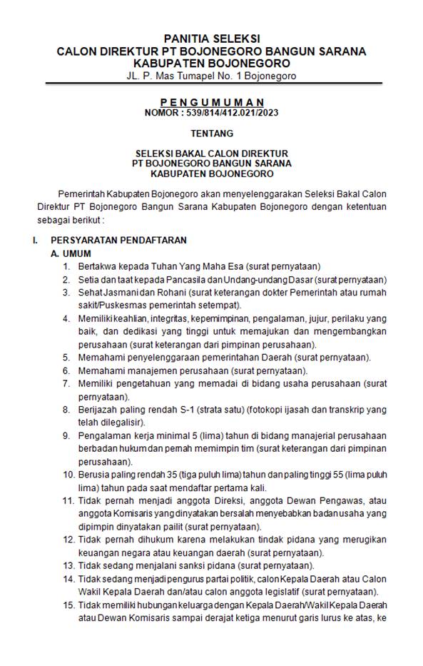 Pengumuman Seleksi Bakal Calon Direktur PT Bojonegoro Bangun Sarana Kabupaten Bojonegoro