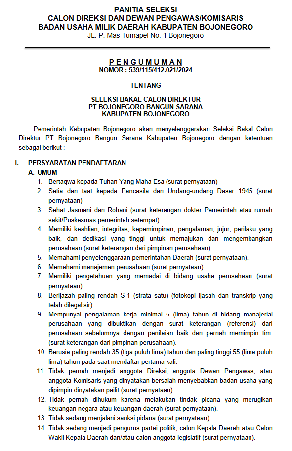 Pengumuman Nomor : 539/115/412.021/2024 Seleksi Bakal Calon Direktur PT BBS