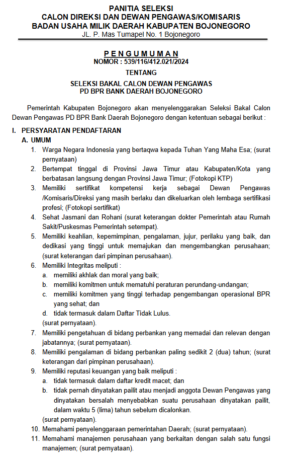 Pengumuman Nomor : 539/116/412.021/2024 Seleksi Bakal Calon Dewan Pengawas PD BPR