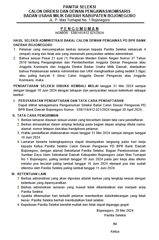 Pengumuman Nomor : 539/141/412.021/2024 Dibuka Kembali Seleksi Bakal Calon Dewan Pengawas PD BPR