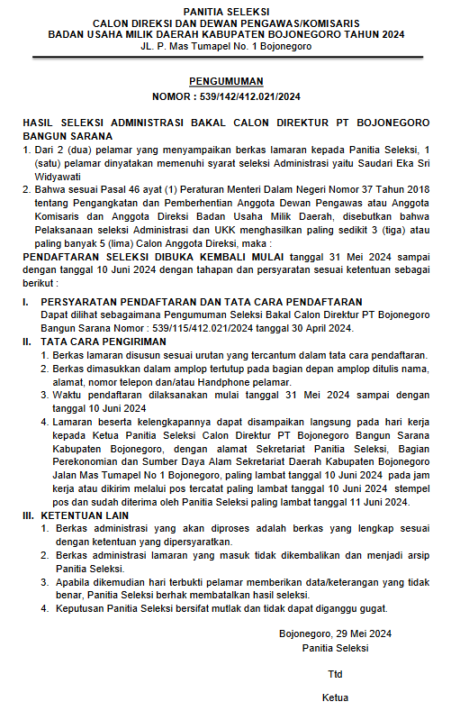 Pengumuman Nomor : 539/142/412.021/2024 Dibuka Kembali Seleksi Bakal Calon Direktur PT BBS