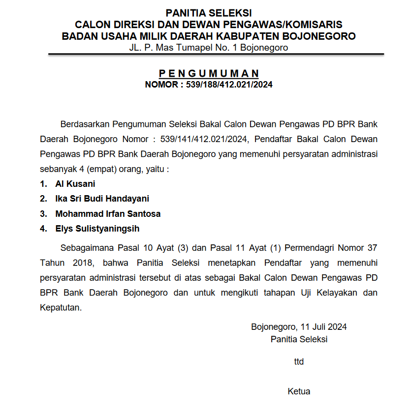 Pengumuman Nomor : 539/188/412.021/2024, Hasil Seleksi Administrasi Bakal Calon Dewas PD BPR