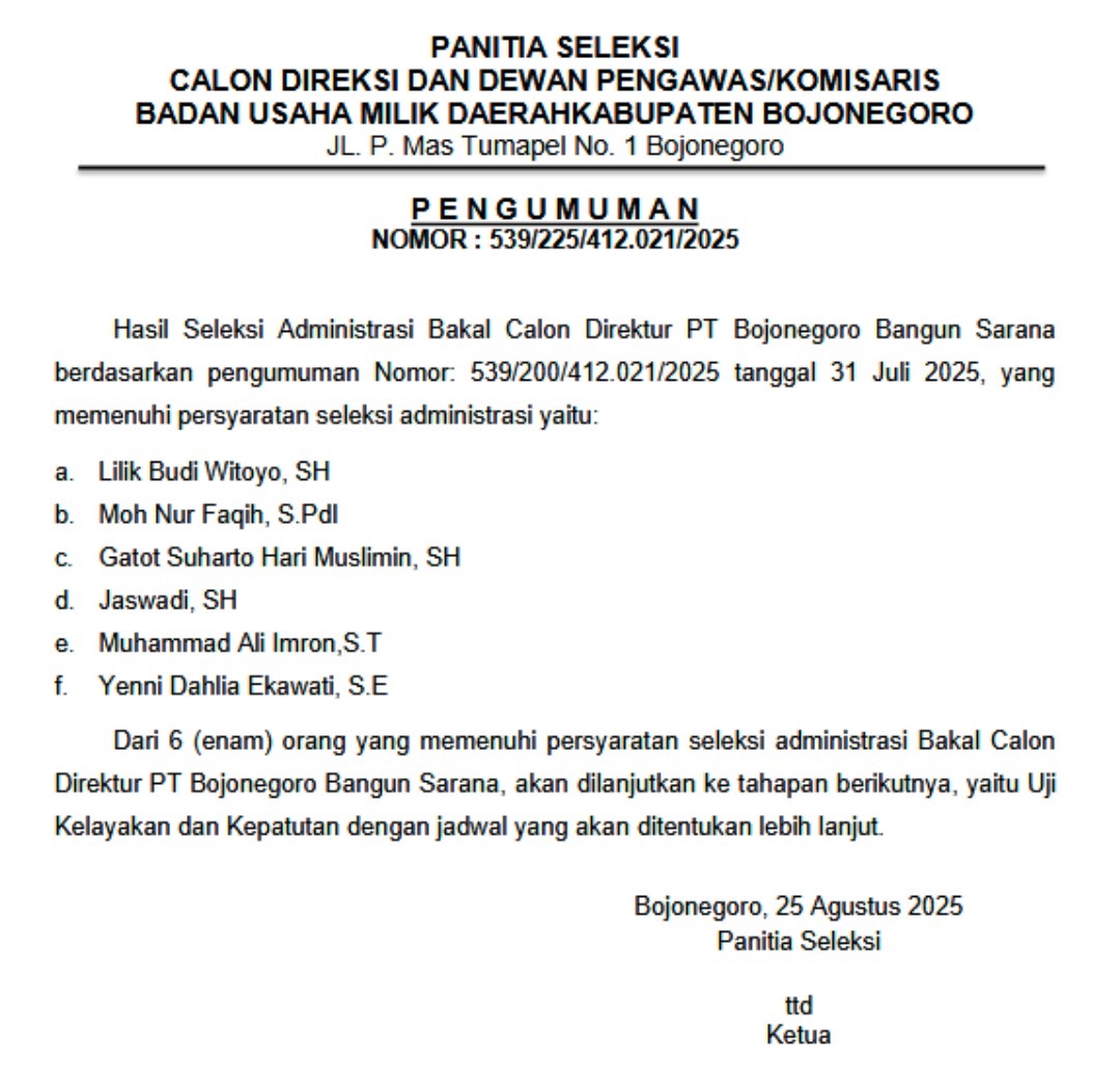 Pengumuman Nomor:539/225/412.021/2025, Hasil Seleksi Administrasi Bakal Calon Direktur PT BBS
