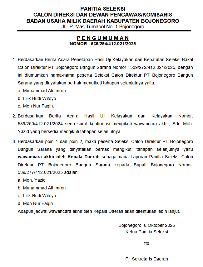 Pengumuman Nomor:539/294/412.021/2025, Hasil Uji Kelayakan dan Kepatutan Bakal Calon Direktur PT BBS