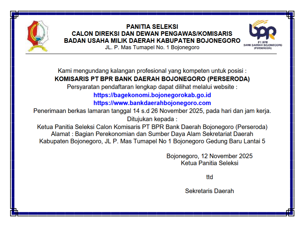Pengumuman Seleksi Bakal Calon Komisaris PT BPR Bank Daerah Bojonegoro (Perseroda)
