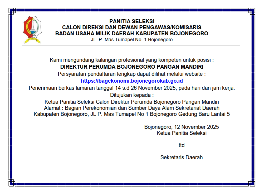 Pengumuman Seleksi Bakal Calon Direktur Perumda Bojonegoro Pangan Mandiri