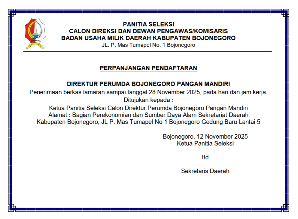 Perpanjangan Pendaftaran Bakal Calon Direktur Perumda Bojonegoro Pangan Mandiri