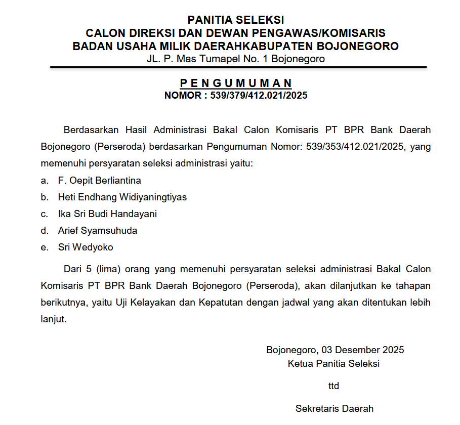 Pengumuman Nomor 539/379/412.021/2025