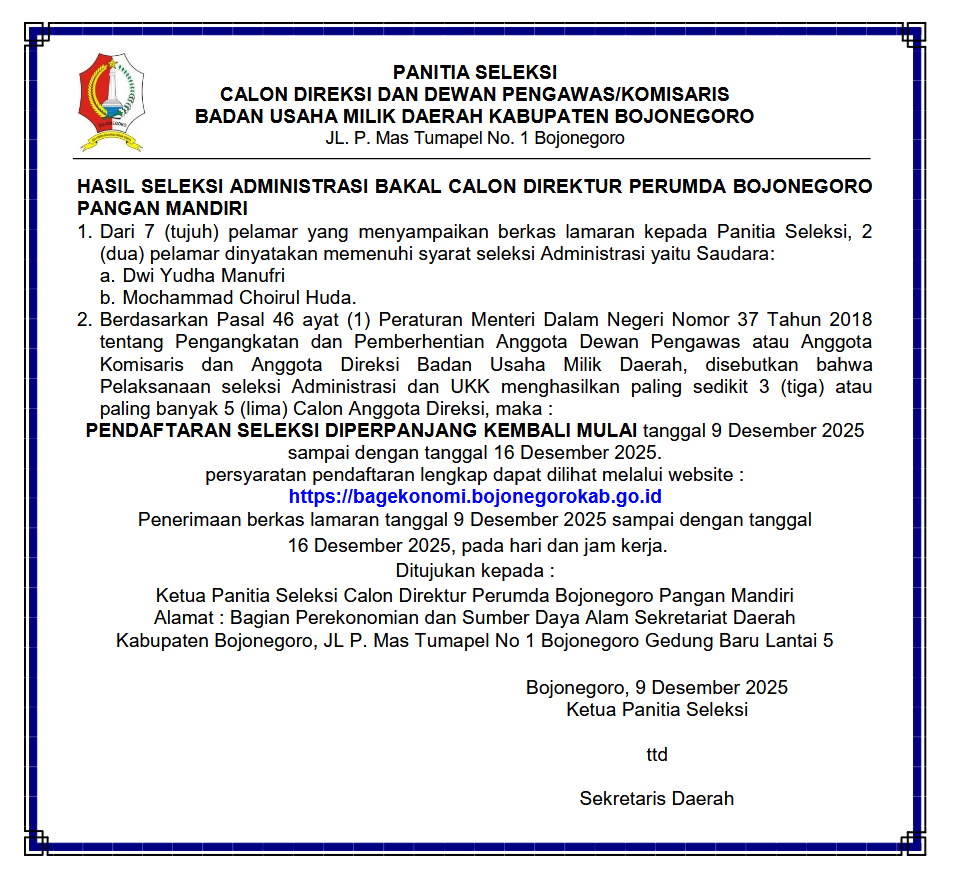 Pengumuman Pendaftaran Bakal Calon Direktur Perumda Bojonegoro Pangan Mandiri Diperpanjang Kembali