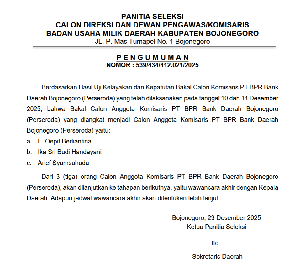 Pengumuman Nomor 539/434/412.021/2025