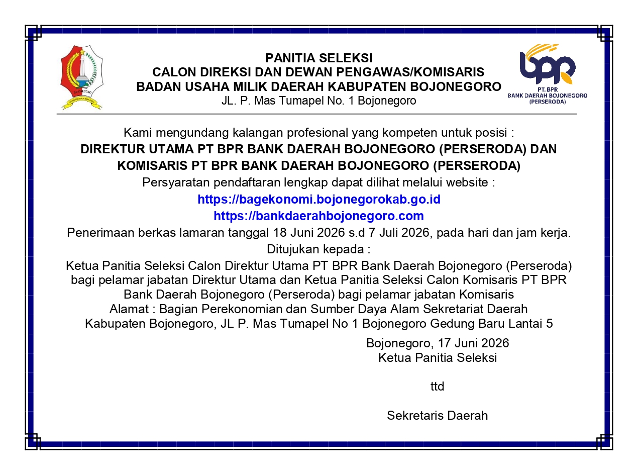 Pengumuman Seleksi Bakal Calon Komisaris PT BPR Bank Daerah Bojonegoro (Perseroda)