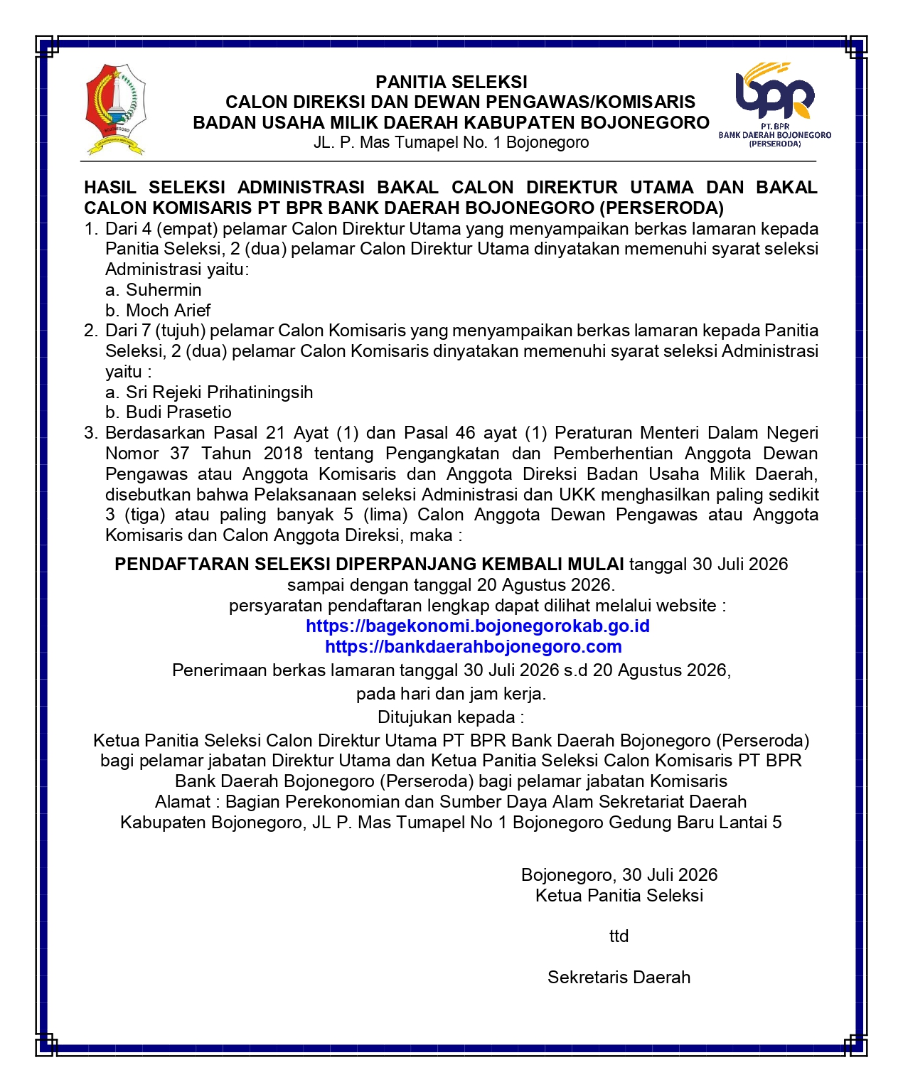 Pendaftaran Bakal Calon Direktur Utama PT BPR Bank Daerah Bojonegoro (Perseroda) Diperpanjang