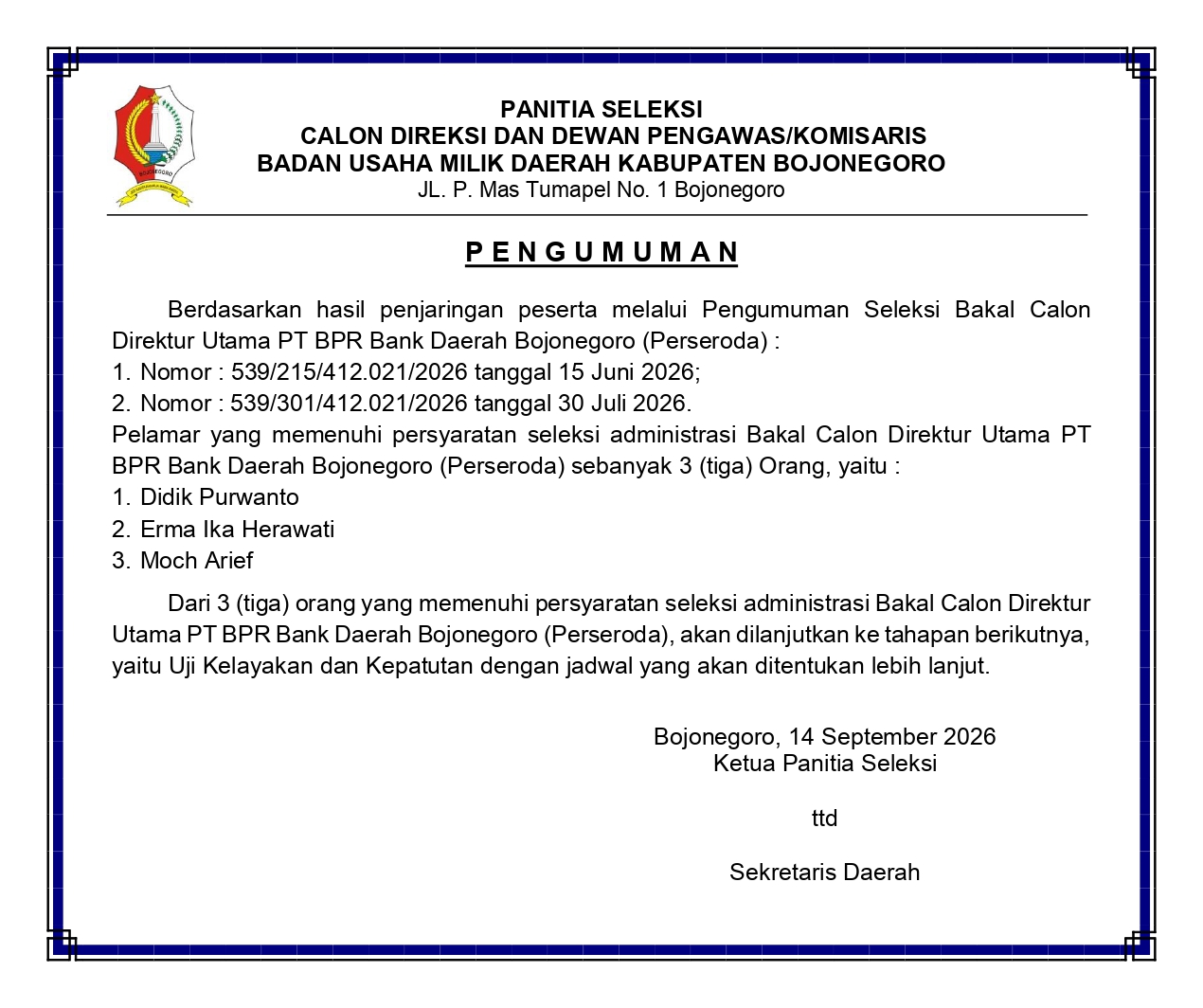 Hasil Seleksi Administrasi Bakal Calon Direktur Utama PT BPR Bank Daerah Bojonegoro (Perseroda)