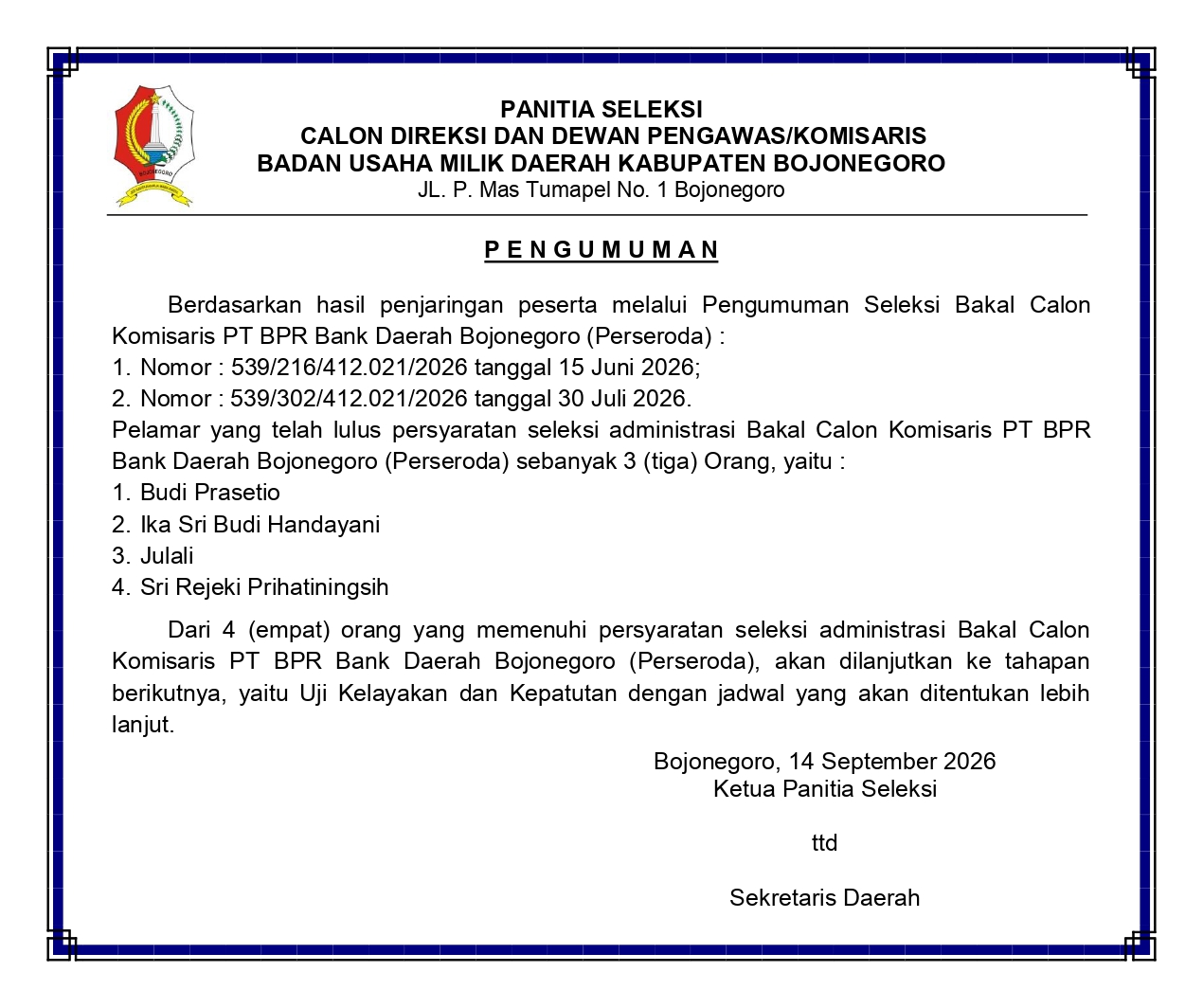 Hasil Seleksi Administrasi Bakal Calon Komisaris PT BPR Bank Daerah Bojonegoro (Perseroda)