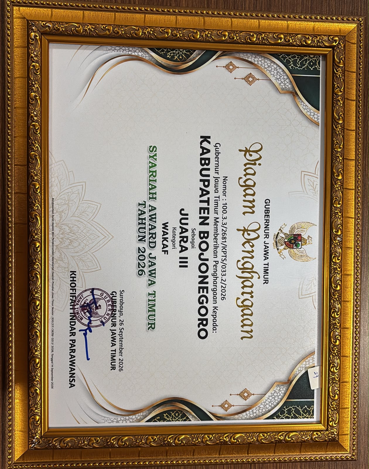 Kabupaten Bojonegoro Raih Juara III Syariah Award Jawa Timur 2026 Kategori Wakaf