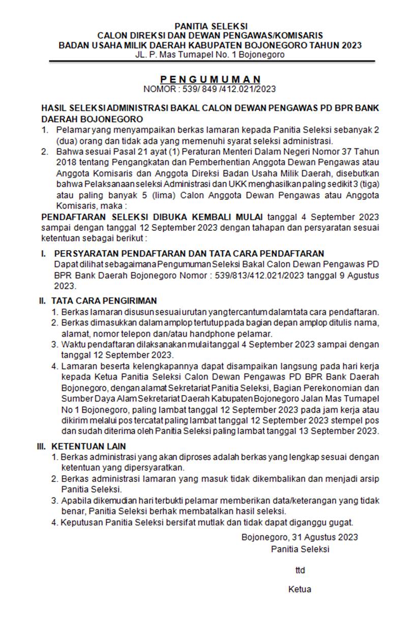 Dibuka Kembali Pendaftaran Seleksi Bakal Calon Dewan Pengawas PD BPR Bank Daerah Bojonegoro