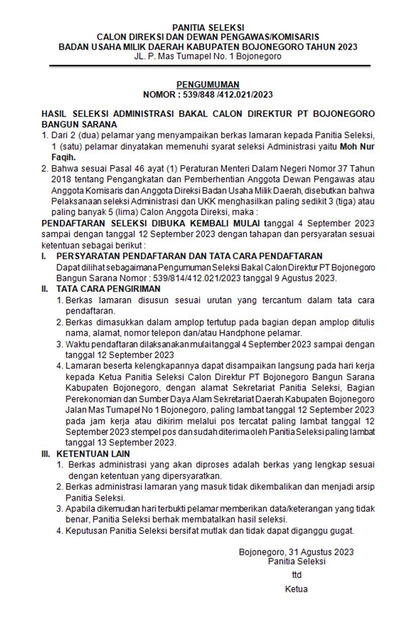 Dibuka Kembali Pendaftaran Seleksi Bakal Calon Direktur PT Bojonegoro Bangun Sarana