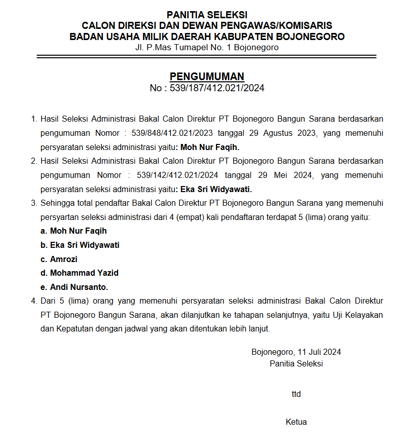 Pengumuman Nomor : 539/187/412.021/2024, Hasil Seleksi Administrasi Bakal Calon Direktur PT BBS