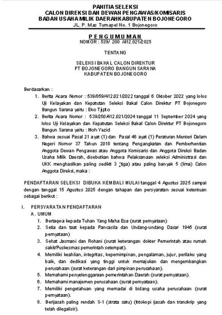 Pengumuman Nomor : 539/200/412.021/2025 Seleksi Bakal Calon Direktur PT BBS