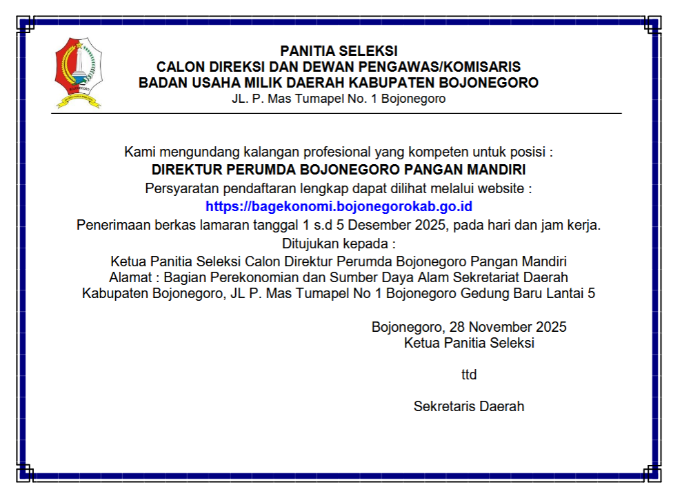 Pengumuman Pendaftaran Bakal Calon Direktur Perumda Bojonegoro Pangan Mandiri