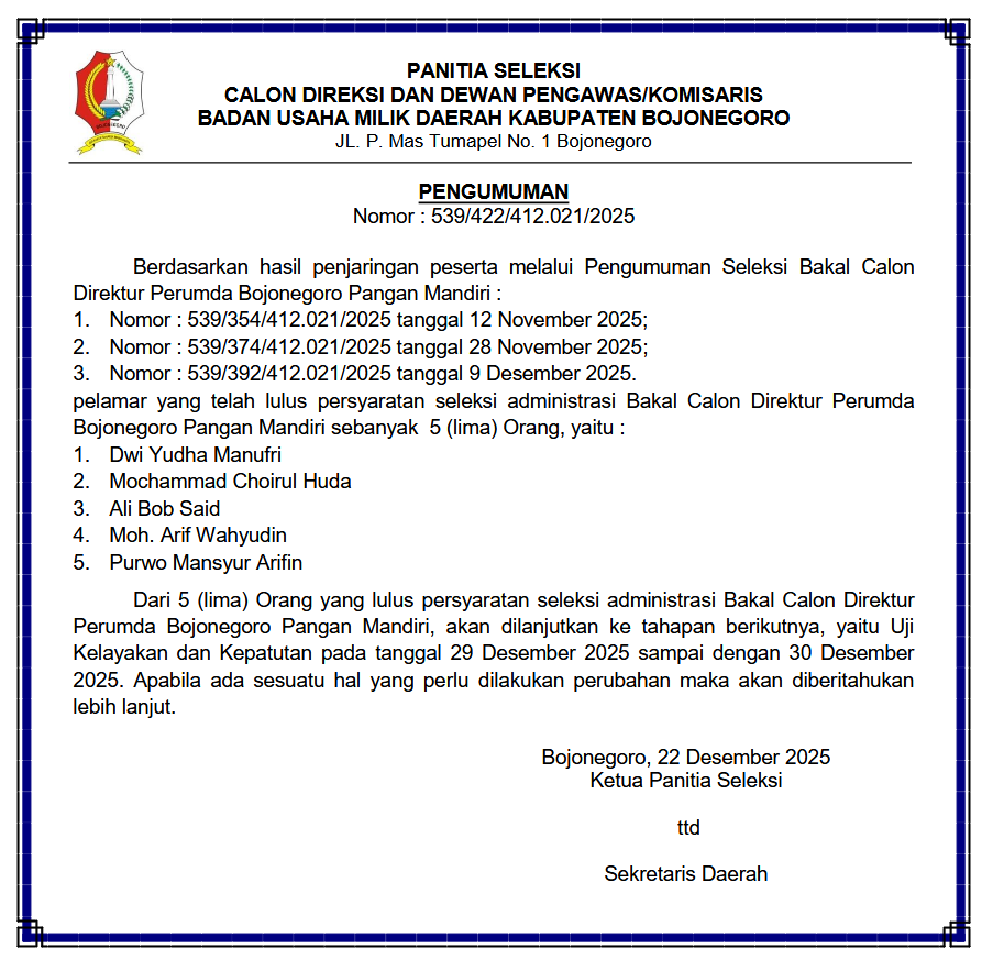 Pengumuman Nomor 539/422/412.021/2025